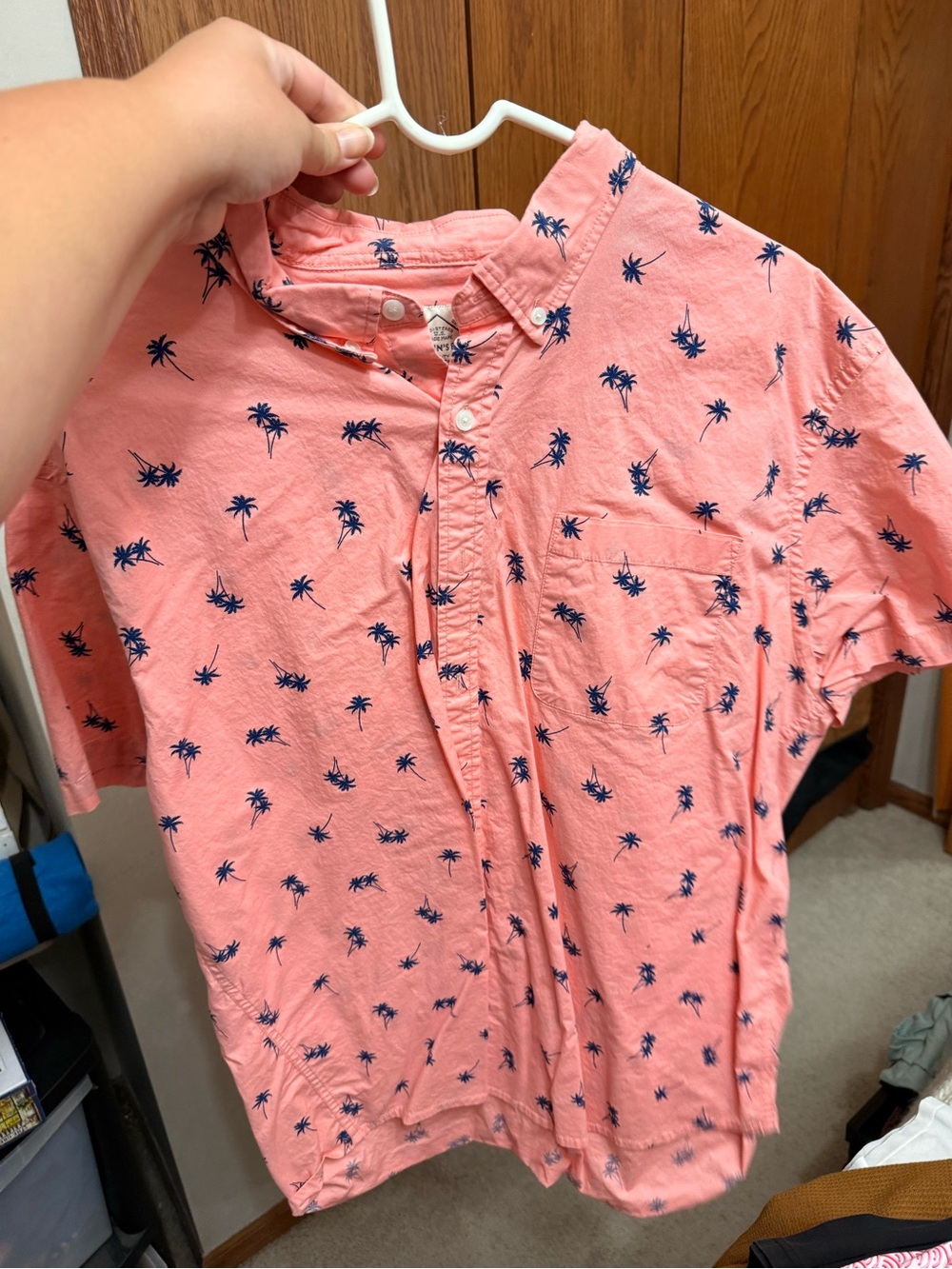 St. John's Bay Coral Short-Sleeve Button-Down with Navy Palm Print